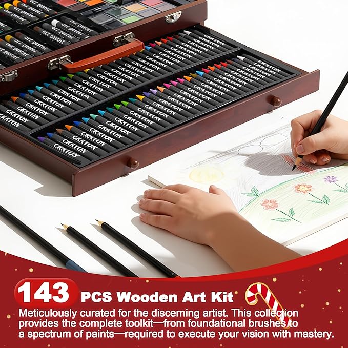 GOTIDEAL 143 Piece Kids Coloring Set,Arts and Crafts Kits with 3 Drawing Pads,Waterclolr Paints,Crayons,Colored Pencils,Paint Set in Wooden Case,Professional Art Kit Gift,Kids,Teens,Beginners（Auburn）