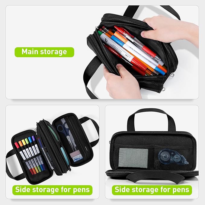 Zannaki Large Pencil Case, Big Capacity Pencil Pouch Pen Bag with 3 Compartment, Portable Canvas Stationery Organizer with Zipper, Cute Aesthetic School Supplies for Teen Girls Boys College,Black
