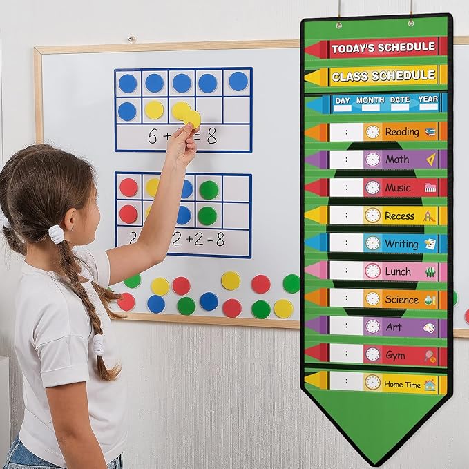 Fullhawl 45 Pcs Crayon Theme Daily Schedule Pocket Chart for Classroom, 13+1 Pockets Kids Schedule Teaching Scheduling Pocket Chart with Cards for Back to School Classroom Decoration