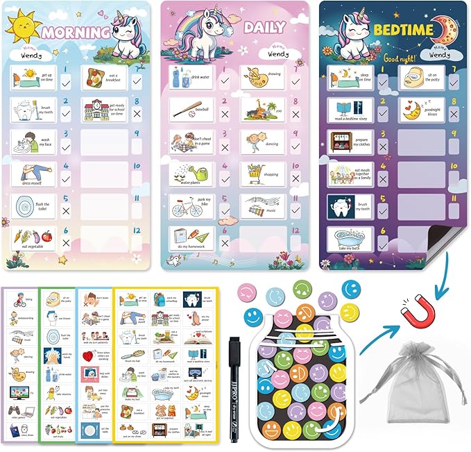 JJPRO Magnetic Bedtime/Morning/Daily Reward Routine Chart for Kids with Reward Jar-Bedtime Routine Chart,Reward Jar for Kids,Daily Checklist Reward Chart for Toddlers,Visual Schedule Board -Unicorn