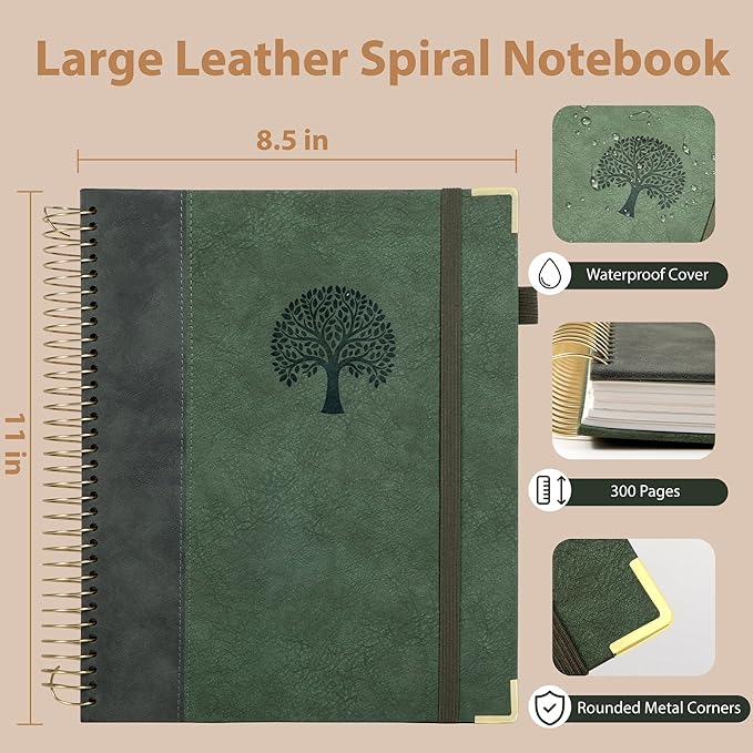 Yoment Hardcover Spiral Notebook 8.5" x 11" Leather 5 Subject Notebook College Ruled with Dividers Tabs 300 Pages Large Spiral Journal Notebooks for Work School Note-Taking Business, Green