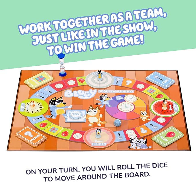 Bluey Scavenger Hunt Board Game, Cooperative Play with 4 Exclusive Mini-Figures, Learning Toys for 5+ Year Old, Fun Toy Token Collecting Game