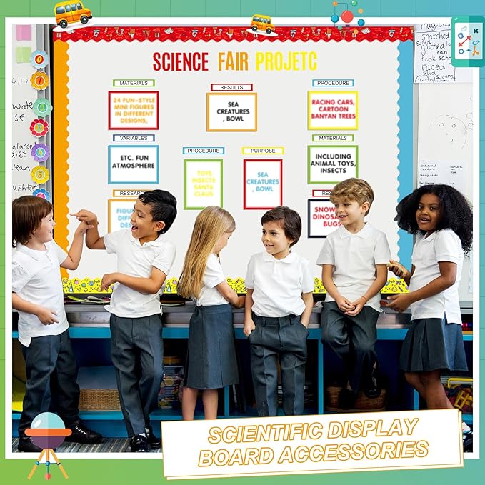 Sinload 92 Pcs Science Fair Board Supplies 60 Trim Scalloped Poster Boards 18 Presentation Subtitles 6 Project Titles 8 Letter Sticker for Classroom Display Boards(Multicolor,Science Lab)