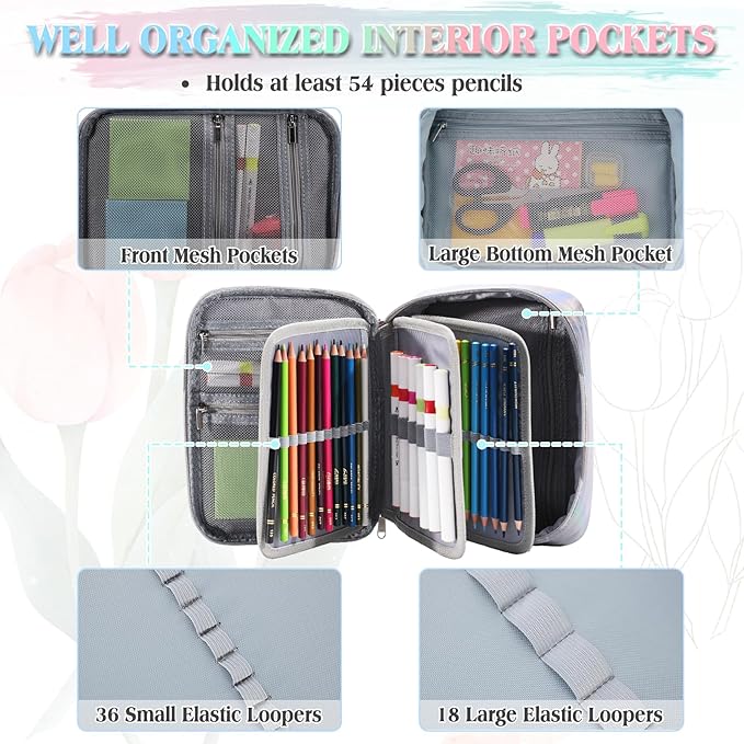 Large Pen Pencil Case,VONXURY High Capacity Art Colored Pencil Pouch Portable Stationery Organizer With 2 Detachable Layers 54 Slots Multiple Zipper Pockets for School Office College
