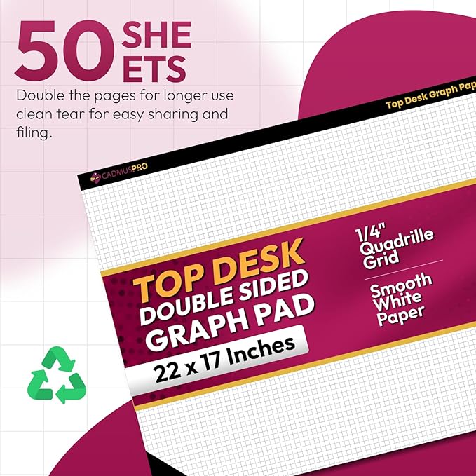 Top Desk Graph Paper Pad 22x17 Inch, 2 Pack 100 Sheets, Double-Sided 80 GSM Large Quadrille Grid Paper for Drafting, Design and Architecture
