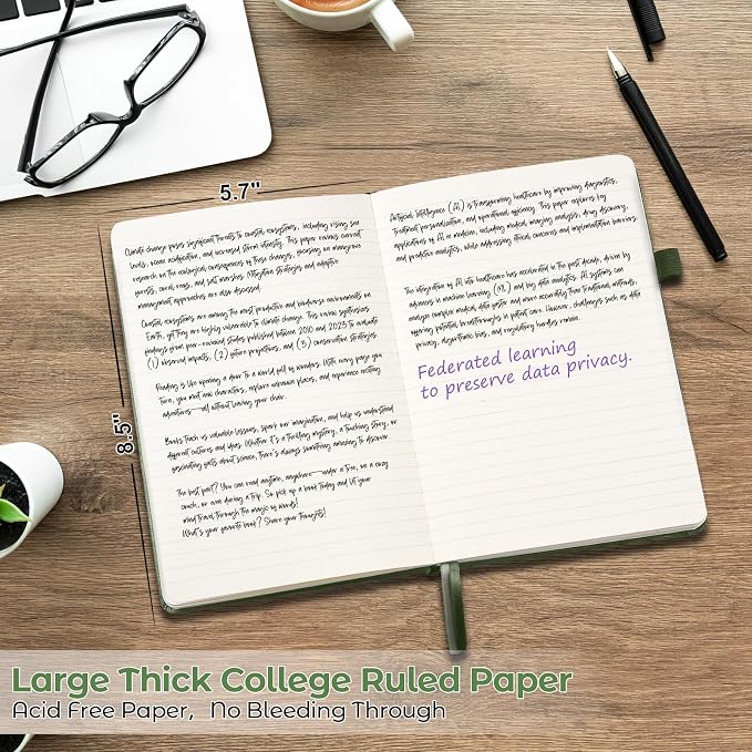 MALEDEN Notebook, A5 Hardcover Leather Notebook for Work, Notebook Journal for Women, Men, 192 Thick Paper, Large Notebook with Pockets, Professional Business Notebook (College Ruled, Light Green)