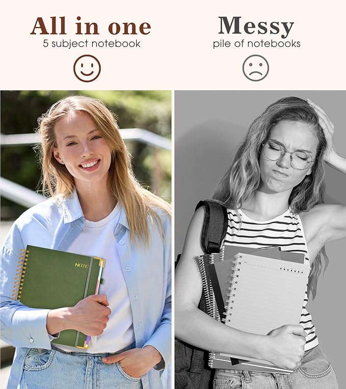 Hardcover Spiral Notebook with Removable Dividers Tabs, 300 pages Leather 5 Subject Notebook College Ruled, 6.2" x 8.2" Journal for Women Men, Small Notebooks for Work School Note taking,A5 Green
