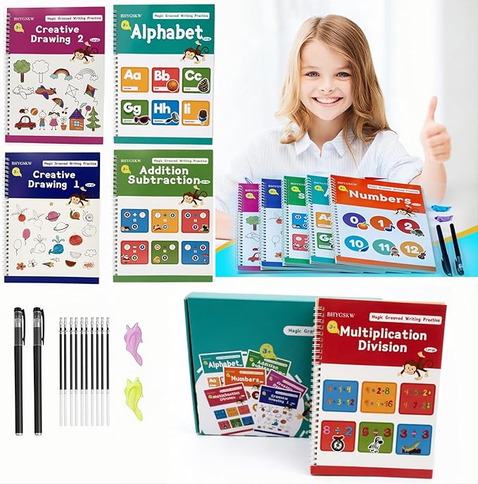 Magic Grooved Writing Practice Books for Kids with Disappearing Ink Pens Grips, Reusable Handwriting Workbooks 6 Pcs, Letter Tracing Copybook for Kindergarten Ages 3-8