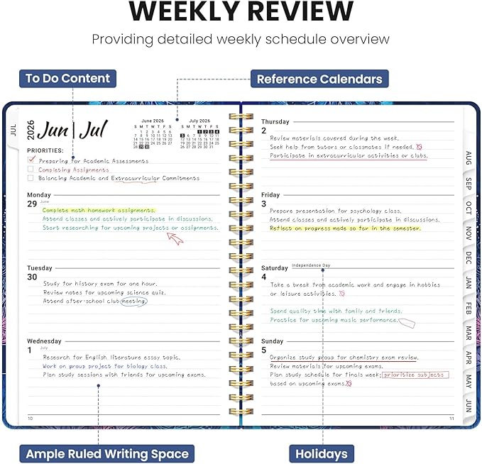 Planner 2026-2027, Academic Planner Weekly and Monthly, Jul 2026 - Jun 2027, Spiral Bound School Planning Tool with Tabs and Pocket, Perfect for Students & Teacher, 6.3" x 8.5", Luminous Deep