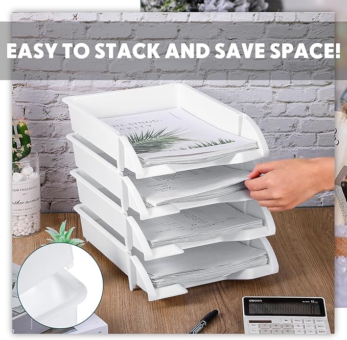 Fainne 8 Pcs Stackable Paper Trays Organizer for Desk 8 Layer Stackable Letter Trays Plastic File Organizer Tray and Stacking Supports for File Storage, 13 x 10 x 2.76'' (White)