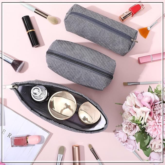 Huhumy 3 Pcs Makeup Bag Set for Women Corduroy Cosmetic Pouch Aesthetic Smile Travel Toiletry Bag Cute Purse Pouch Pencil Case Makeup Brushes Storage Organizer with Zipper(Gray,Solid Style)