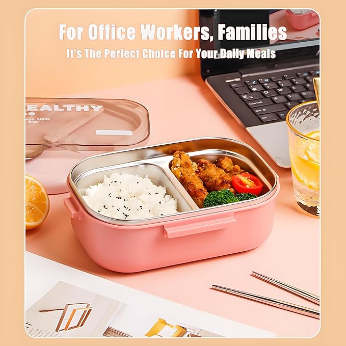 Stainless Steel Lunch Box, 2 Compartment Bento Box for Adults, Easy to Clean, Leak-Proof Design, Food Storage Container with Tableware for Family, Work, Picnics and Travel(850ml, Blue)