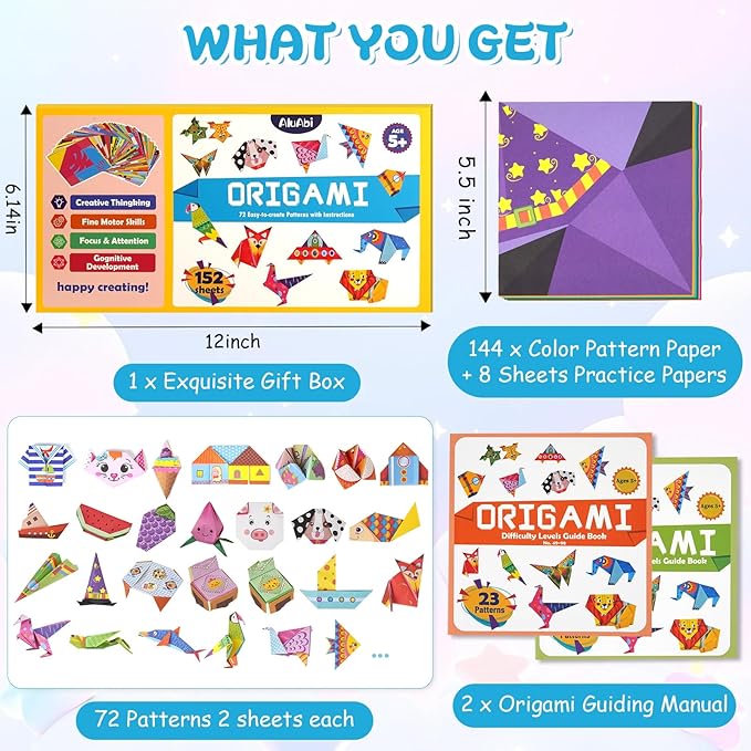AluAbi 152 Sheets Origami Paper Kit for Kids Ages 5-8 8-12,Colorful Folding Paper with 72 Patterns & Instruction Book,Double Sided Origami Kit for Beginners,Art & Crafts Supplies Gifts for Boys Girls