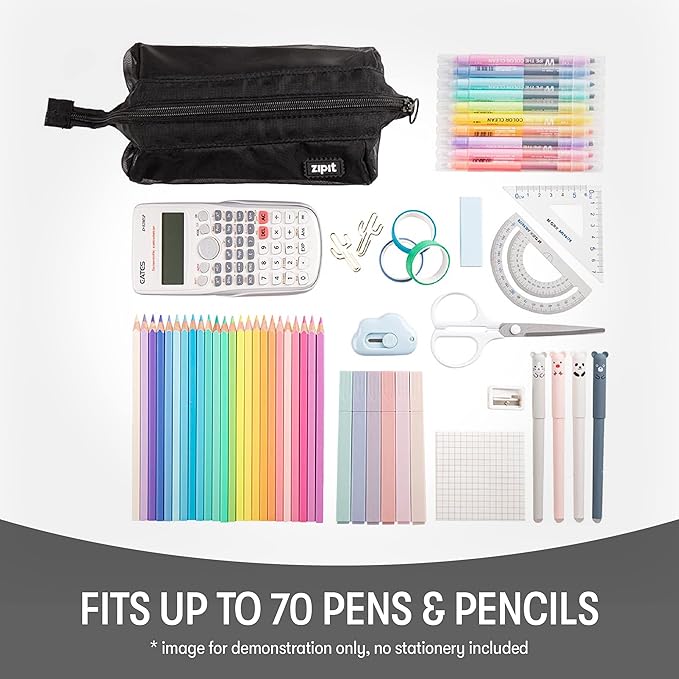 ZIPIT: Lenny Pencil Case - Mesh Black - Large Storage Capacity Zipper Pouch, Makeup-Stationery Bag, School-Travel, Washable Quick Dry, Kid-Teen-Adult