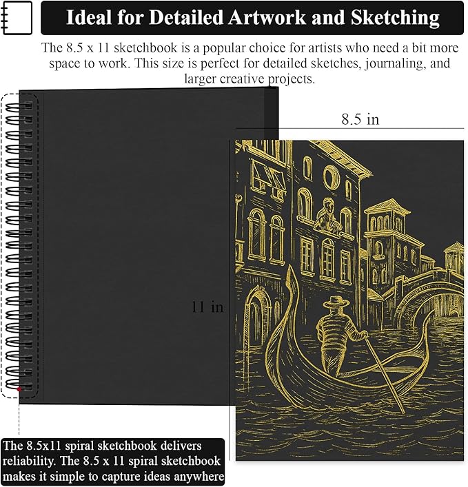 SuFly Black Paper Sketch Pad, 60 Sheets Spiral Sketch Book 8.5 x 11, 90lb/150gsm Black Paper Notebook for Colored Pencil, Oil Pastels, Chalk, Charcoal | Sketch Pads for Adults & Art Supplies.