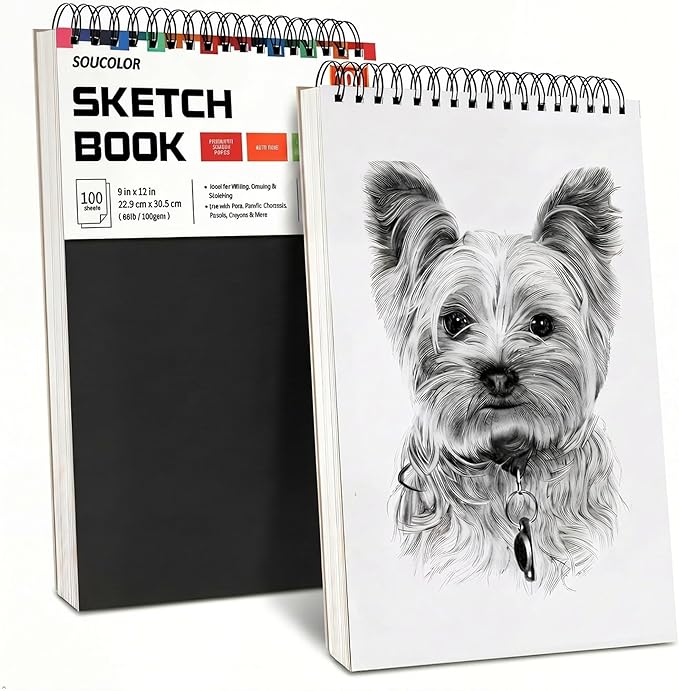 Professional Drawing Supplies for Sketch, Charcoal, Colored, Graphite, Pastel Pencils & Sticks. Soucolor 2-Pack 9" x 12" Sketch Book, 200 Sheets Spiral Bound 68lb/100gsm Paper for Kids Adults Artists