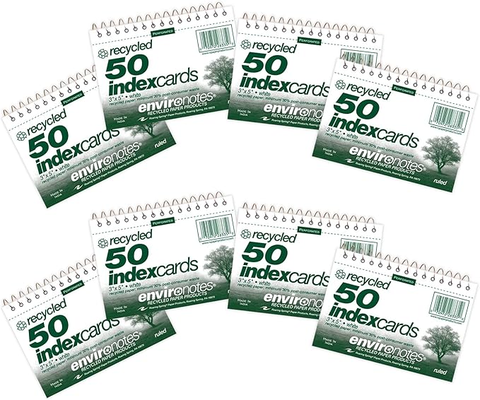 Roaring Spring Recycled 3"x5" Index Cards, Spiral Wire bound, 8-Pack, 50 Count, Heavy 100lb White Paper, Narrow Ruled, Perforated, Blank on Back, Snag-proof