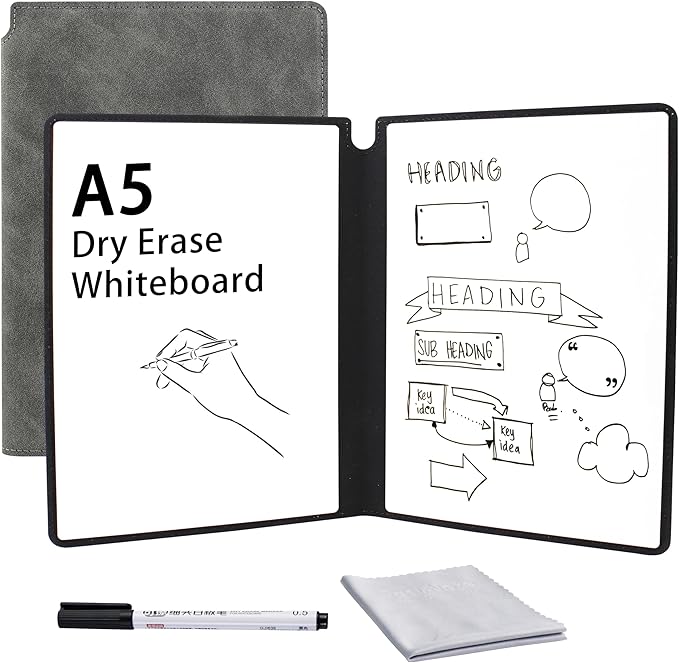 Whiteboard Notebook, Portable Dry Erase White Board Book Reusable Whiteboard Erasable Double-Sided Meeting Notebook with Marker Pen for Business Office School Home