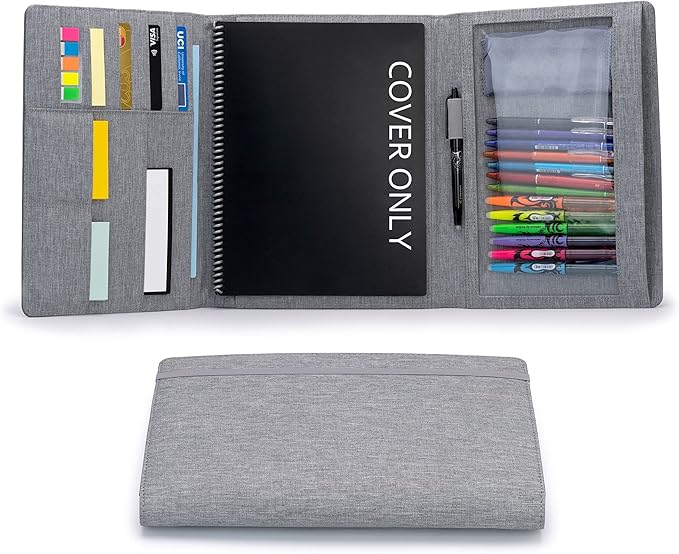 Folio Cover Compatible with Rocketbook Fusion, Panda, Everlast, Waterproof Fabric, Multi Organizer with Pen Loop, Zipper Pocket, Business Card Holder, fits A4 Size Notebook, Gray