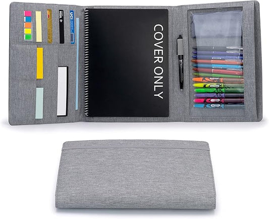 Folio Cover Compatible with Rocketbook Fusion, Panda, Everlast, Waterproof Fabric, Multi Organizer with Pen Loop, Zipper Pocket, Business Card Holder, fits A4 Size Notebook, Gray