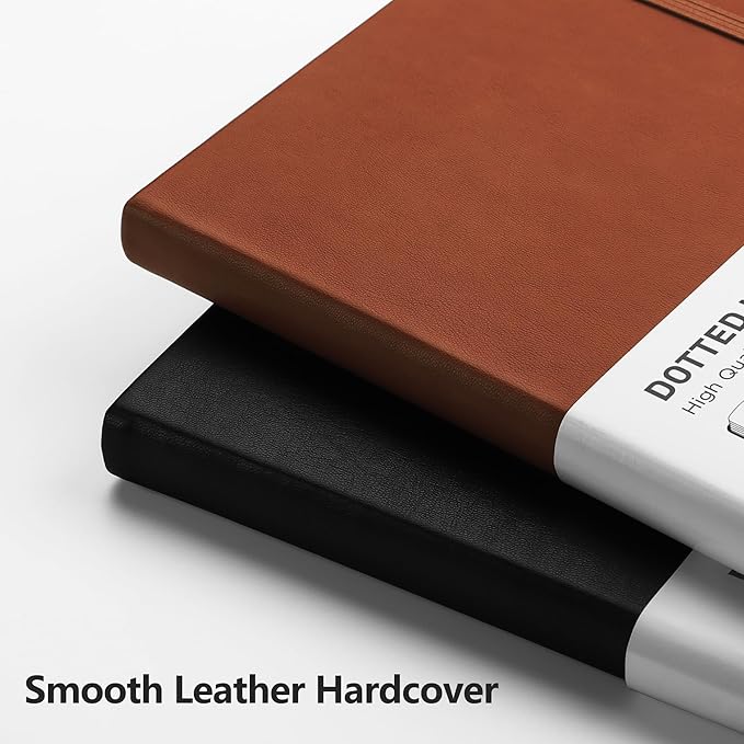 RETTACY Dotted Journal Notebook, 192 Pages, A5 Medium Size (5.7'' x 8.3''), Leather Hardcover, 100 GSM Thick Paper, for Journaling, Planning, Tracking (Brown)