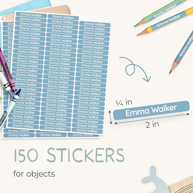 Personalized Kids Name Labels for Pencils Blue [150pcs] - Waterproof Name Stickers for School & Daycare - Pencil Custom Name Stickers - Children Name Stick On Labels for Pens (2.0”x0.3”)
