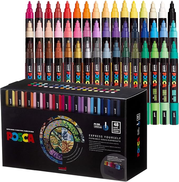 POSCA PC-5M Water-Based Paint Markers, Medium Point (1.8-2.5mm), Assorted Colors, 48 Pack with Display Caddy