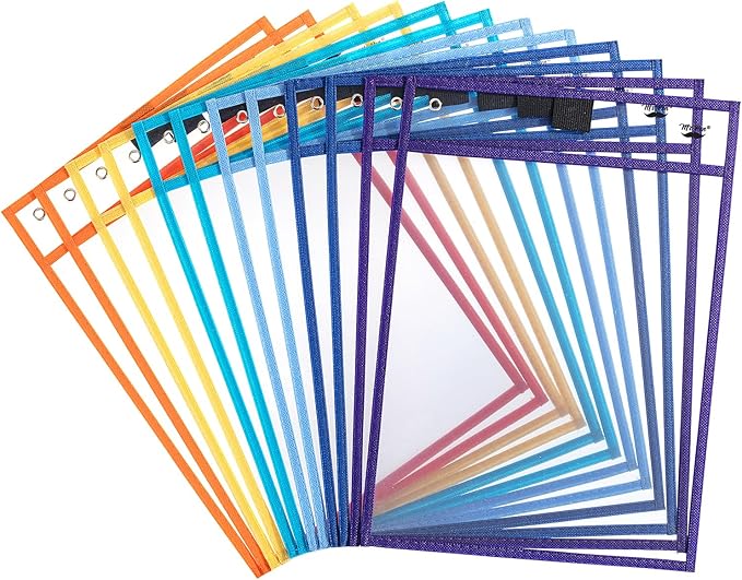 Mr. Pen- Reusable Dry Erase Pocket Sleeves, 10" x 14", 12 Pack, Colorful, Clear Plastic Paper Sleeves, Ticket Holders, Clear Plastic Sheet Protectors, Teacher, School, Classroom Supplies