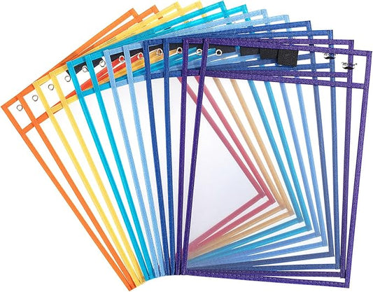 Mr. Pen- Reusable Dry Erase Pocket Sleeves, 10" x 14", 12 Pack, Colorful, Clear Plastic Paper Sleeves, Ticket Holders, Clear Plastic Sheet Protectors, Teacher, School, Classroom Supplies