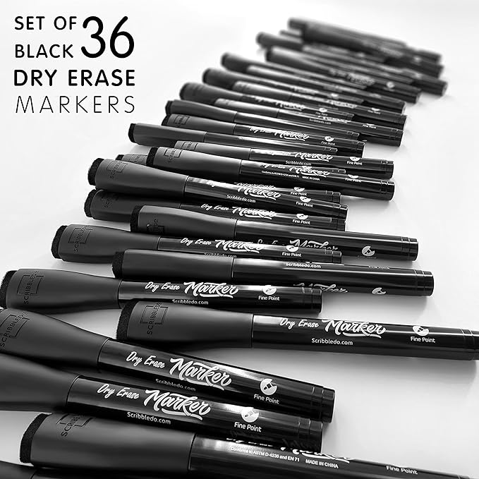 Scribbledo 36-Pack Black Fine Tip Dry Erase Markers with Eraser Cap | Low-Odor Whiteboard Markers for Office, Workplace & Professional Use