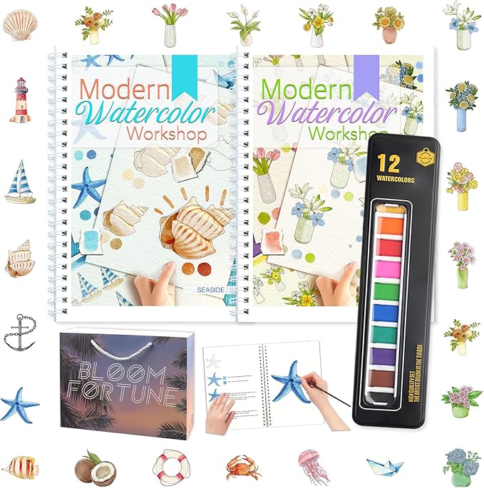 APOLYONE 2-Pack Beginner Watercolor Workbooks: 24 Coloring Pages + 12 Watercolor Paints + Brush – 300gsm/140lb Paper – Gift for Women, Adults & Beginners (Bouquet & Seaside)