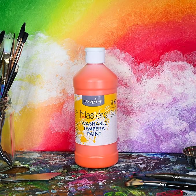 Handy Art Little Masters Washable Tempera Paint, Orange, 16 oz Bottle, Bright & Mixable, High Opacity, Washable Colors for Classroom, Students, Kids, Young Artists, Safe & Non-Toxic, Made in USA