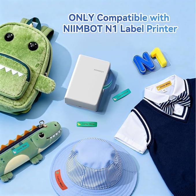 NIIMBOT N1 Iron On Name Tag Sticker, Soft & Washable Name Labels, Perfect for School, Home, Daycare&, Camp, Only for N1 Label Maker (0.55"x1.97", Dinosaur)