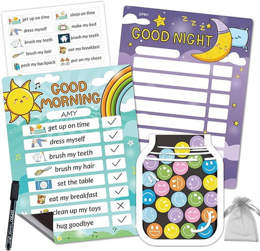 Magnetic Bedtime/Morning Routine Chart &Reward Jar for Kids -Toddler Morning Checklist Board,Daily Reward Routine Chart for Kids,Dry Erase Bedtime Reward Chart,Daily Schedule Chart at Home