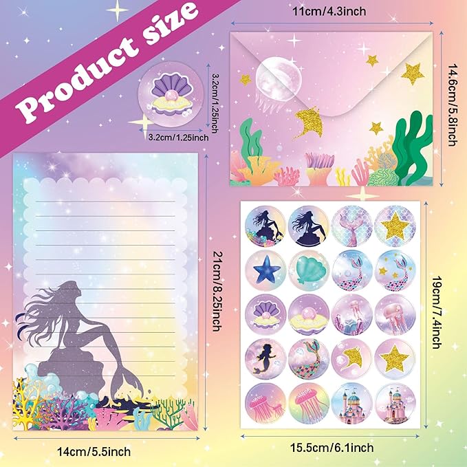 Mermaid Stationery Set with Cute Ocean Envelopes, Lined Paper, Sealing Stickers – 160 Pcs Under the Sea Fantasy Stationery Paper Envelopes Set for Girls, Writing Letters, Party Invitations