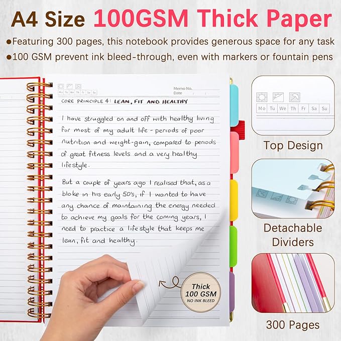 Hardcover Spiral Notebooks for Work 8.5''x 11'', 300 Pages 5 Subject Notebook with Dividers & Tabs, A4 Spiral Journal for Women, College Ruled Notebooks for School Note-Taking (Rose Red)