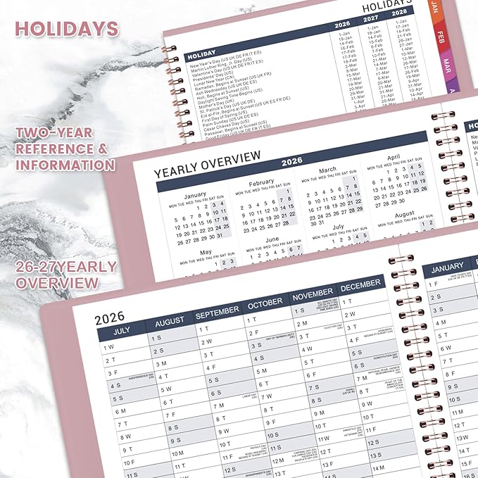 MaaIbok Appointment Book 2026-2027 for School, Office, Home Faux Leather Tab, 15-Minute, Spiral Bound Hourly Planner Appointment Scheduling Book with Tabs - Rose Gold 8.5" x 11"