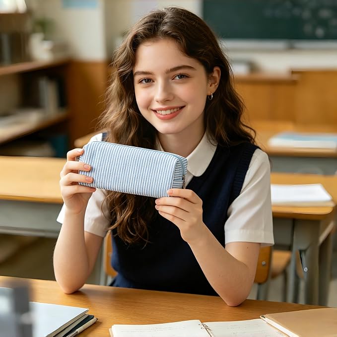 Pencil Case, Pencil Pouch for Women, Pencil Case Small, Pencil Pouch Aesthetic (Striped blue)