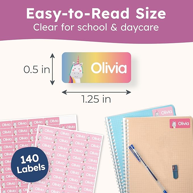 Personalized Name Labels for Kids (140 Labels) - Durable & Waterproof Custom Name Stickers for Clothing Tags, School Supplies, Camp & Daycare - Dreamy Unicorns (1.2”x0.5”)