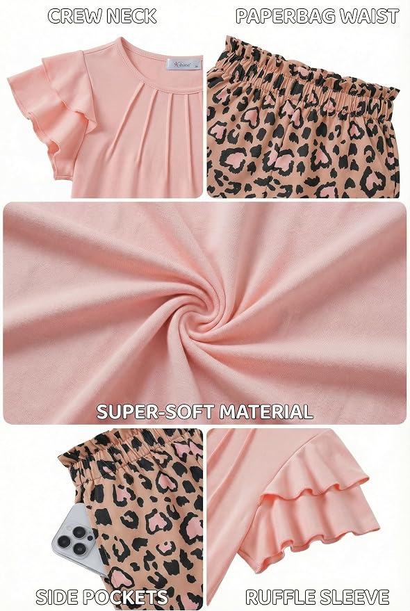 Arshiner Girls 2 Piece Outfits Summer Ruffle Sleeve Top and Paperbag Waist Shorts Set with Pockets Size 5-13 Years