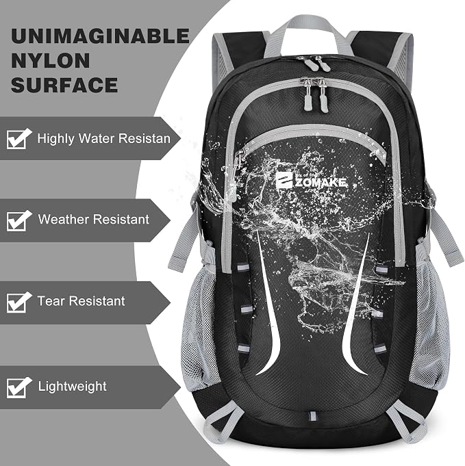 ZOMAKE Lightweight Packable Backpack 35L, Foldable Backpacks Water Resistant Collapsible Light Daypack for Hiking(Black) | Light Hiking Backpacks Collapsible Day Pack for Travel, Everyday Carry, Multi Compartment Storage, Adjustable Strap (Black B)
