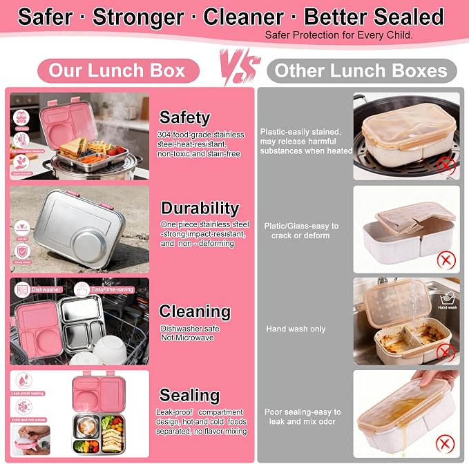 Stainless Steel Bento Lunch Box-8+ Older Kids，Teens ＆ Adult with Insulated Food Jar,Leakproof 3-Compartment,BPA-Free, Eco-Friendly,Dishwasher Safe, Large-Capacity Box, School,Office,Travel （Pink)