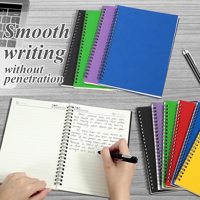 Leelosp 12 Pcs Small Spiral Notebook Lined Spiral Journal College Ruled Notebook Wire Bound Kraft Cover, 120 Pages for Work (Black,Yellow,Green,Purple,Red,Blue,5.5 x 8.3 Inch)