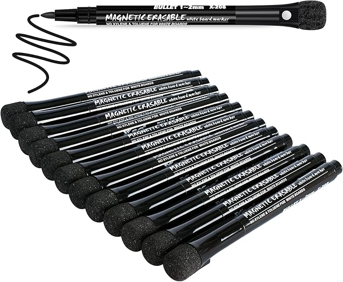 JR.WHITE Dry Erase Markers Fine Tip, White Board Markers Dry Erase with Eraser Cap, Magnetic Dry Erase Markers Black Thin Dry Erase Markers Low Odor for Teachers Office & School Supplies
