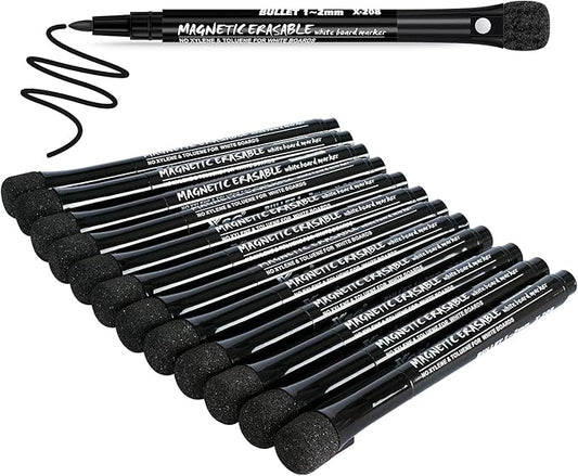 JR.WHITE Dry Erase Markers Fine Tip, White Board Markers Dry Erase with Eraser Cap, Magnetic Dry Erase Markers Black Thin Dry Erase Markers Low Odor for Teachers Office & School Supplies