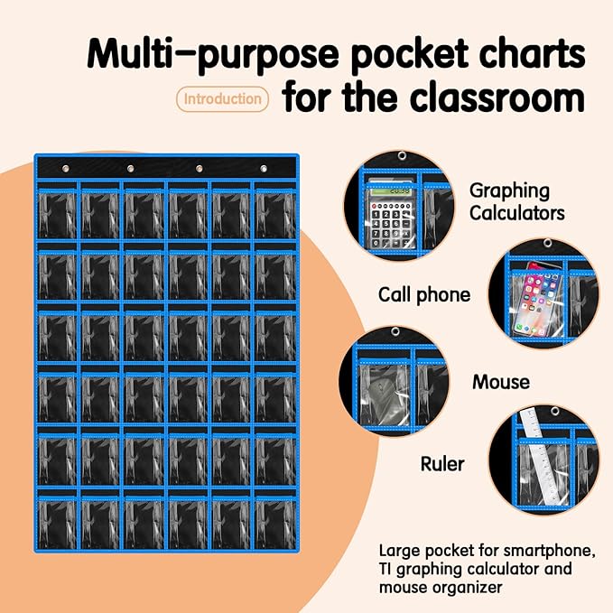 Kotkn 36 Pocket Charts for Classroom Cell Phones, 36 Clear Pocket Charts with Numbered Stickers, Classroom Hanging Cell Phone Organizer, Hangs on Wall, Door Storage Hooks (Black)