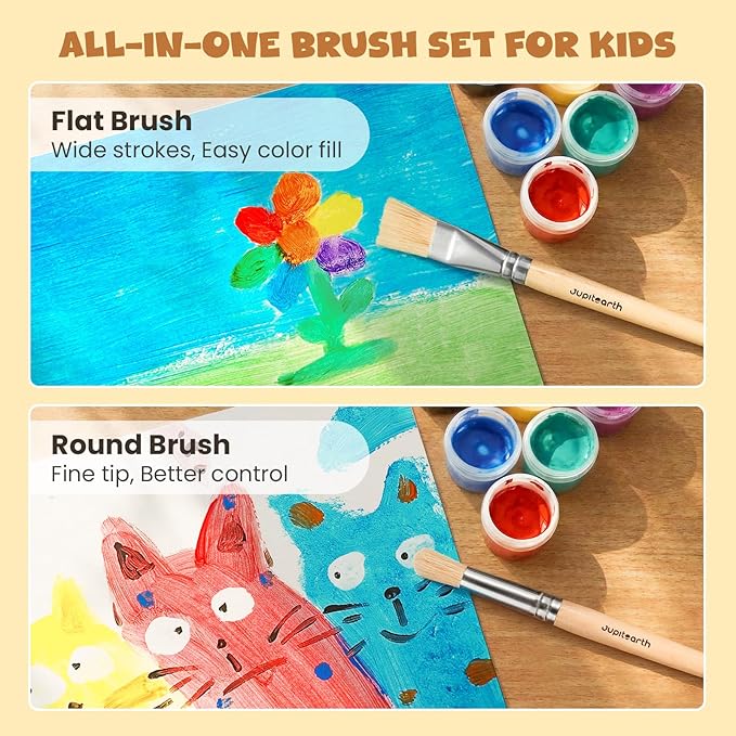 JUPITEARTH Jumbo Paint Brushes for Kids, Easy Grip Round and Flat Toddler Paint Brushes with Natural Wood Handles for Washable Paint and Acrylic Paint, 10 Pcs