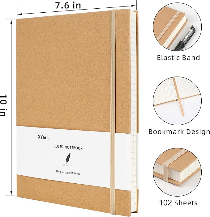 Large B5 Line Notebook Journals, College Ruled Kraft Hardcover Sketchbook Subject Composition Notebooks with Lined Paper, 2 Pack, 120GSM, 102 Sheets, 7.6x10 inch, Travel Journal Set