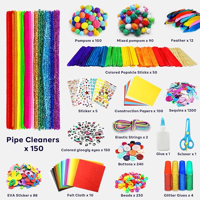 FUNZBO Arts and Crafts Supplies for Kids - Toddler Crafts Kits with Glue Stick Pipe Cleaners Construction Paper Pom Poms Googly Eyes, Crafts for Kids Ages 4-8, Birathday Gifts for Girls