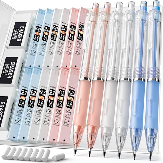 Nicpro 23PCS Pastel Mechanical Pencil 0.5 & 0.7 mm with Case for School, with 12 tubes HB Lead Refills, 3 Erasers, 9 Eraser Refills For Student Writing, Drawing, Sketching, Blue & Pink & White Colors